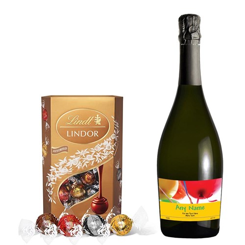 Personalised Prosecco - Birthday Balloons Label With Lindt Lindor Assorted Truffles 200g